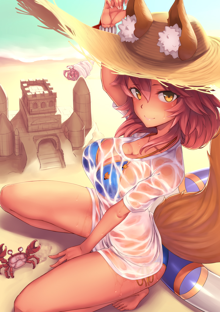 1girl animal_ears bangs beach between_legs bikini blue_bikini blush breasts cleavage closed_mouth crab fate_(series) fox_ears fox_tail from_side hair_between_eyes hand_between_legs hat innertube large_breasts long_hair looking_at_viewer outdoors pink_hair ryuinu sand_castle sand_sculpture see-through shirt side-tie_bikini smile solo squatting straw_hat sun_hat swimsuit t-shirt tail tamamo_(fate)_(all) tamamo_no_mae_(swimsuit_lancer)_(fate) wet wet_clothes wet_shirt white_shirt yellow_eyes