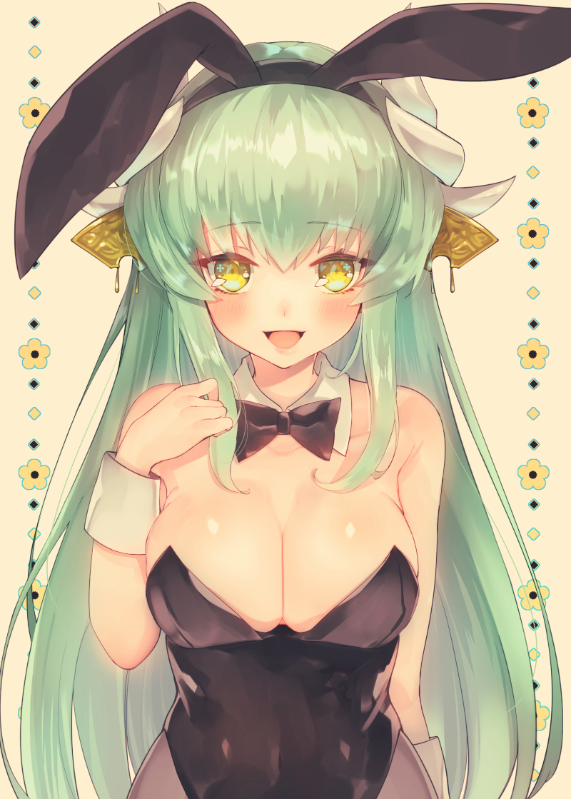 1girl animal_ears black_bow black_bowtie black_leotard bow bowtie breasts bunny_tail bunnysuit cleavage detached_collar fate/grand_order fate_(series) green_hair horns kiyohime_(fate/grand_order) large_breasts leotard looking_at_viewer open_mouth pantyhose rabbit_ears solo strapless strapless_leotard suzuho_hotaru tail twitter_username upper_body wrist_cuffs yellow_eyes