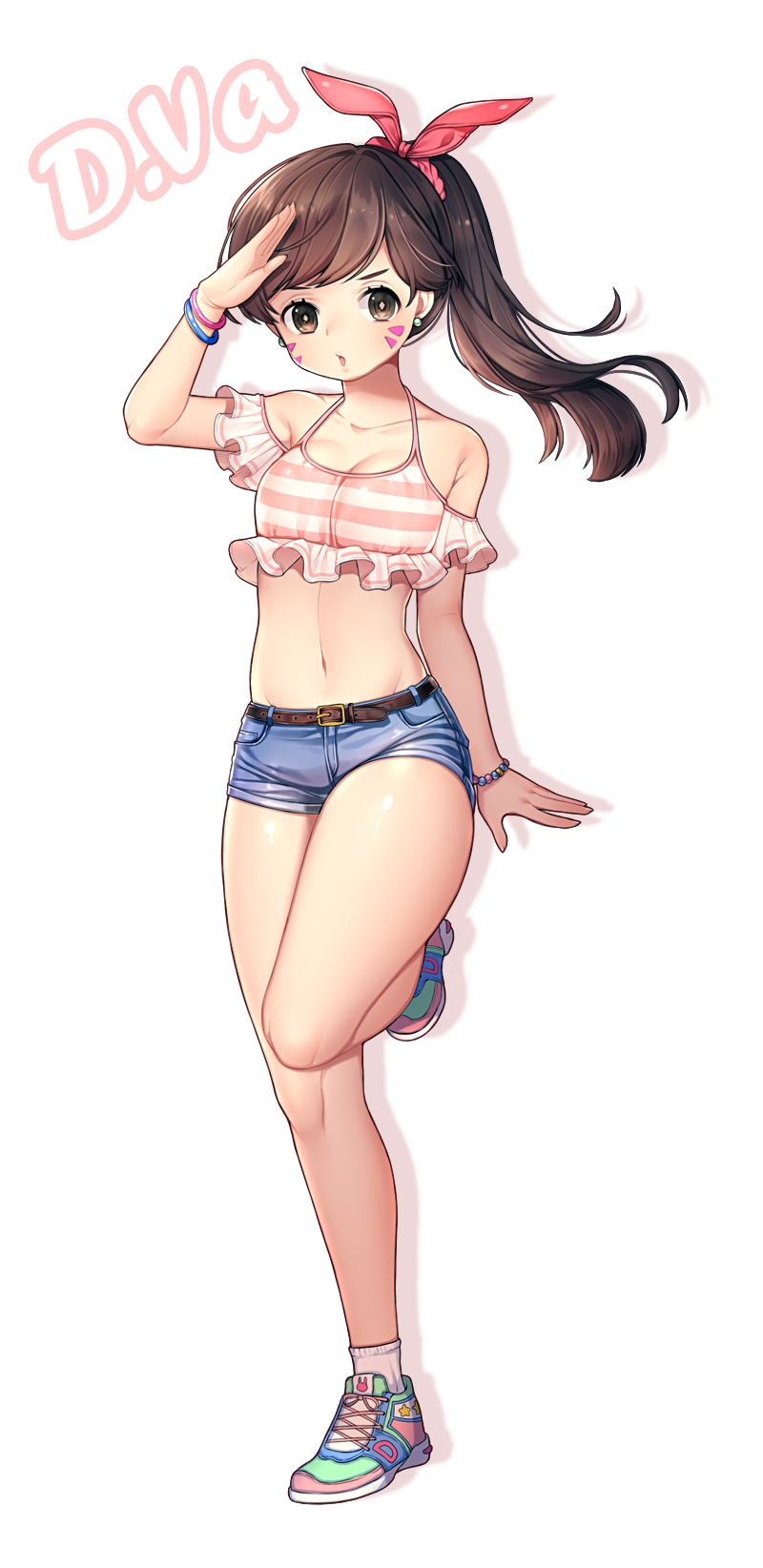 1girl animal_print bangle bangs belt bracelet breasts brown_eyes brown_hair bunny_print camisole casual character_name cleavage collarbone crop_top d.va_(overwatch) denim denim_shorts earrings facepaint facial_mark frilled_shirt frills full_body head_scarf headphones highres jewelry jiji_(wldms9313) laces long_hair looking_at_viewer medium_breasts midriff navel open_mouth overwatch ponytail salute shirt shoes short_shorts shorts simple_background sneakers socks solo standing standing_on_one_leg stud_earrings swept_bangs whisker_markings white_background white_legwear