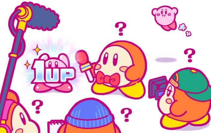 1up ? backwards_hat baseball_cap beanie blush_stickers boom_microphone bow bowtie hat jitome kirby kirby_(series) microphone nintendo no_humans notepad official_art simple_background video_camera waddle_dee white_background