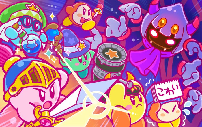 angry bangs beanie bespectacled blunt_bangs blush_stickers bob_cut bow bowtie fangs flask flying_sweatdrops glasses gloves hammer hat helmet kirby kirby_(series) nintendo no_humans notepad official_art scared silk spider_web staff sword taranza team_kirby_clash_deluxe trembling waddle_dee weapon white_gloves wizard_hat