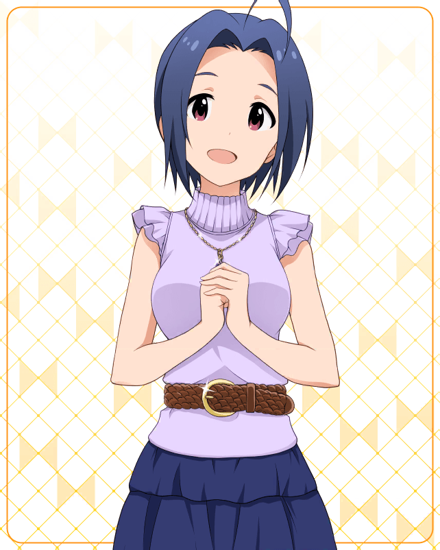 1girl ahoge artist_request bare_shoulders belt blue_hair breasts hands_together idolmaster idolmaster_million_live! idolmaster_million_live!_theater_days jewelry looking_at_viewer miura_azusa necklace official_art open_mouth red_eyes short_hair skirt sleeveless smile solo turtleneck