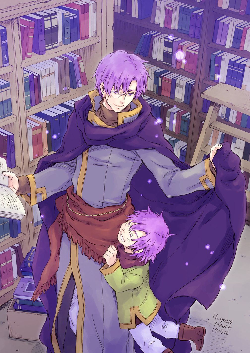 2boys book bookshelf canas child cloak father_and_son fire_emblem fire_emblem:_fuuin_no_tsurugi fire_emblem:_rekka_no_ken glasses grin highres holding holding_book hugh library multiple_boys purple_hair scarf smile