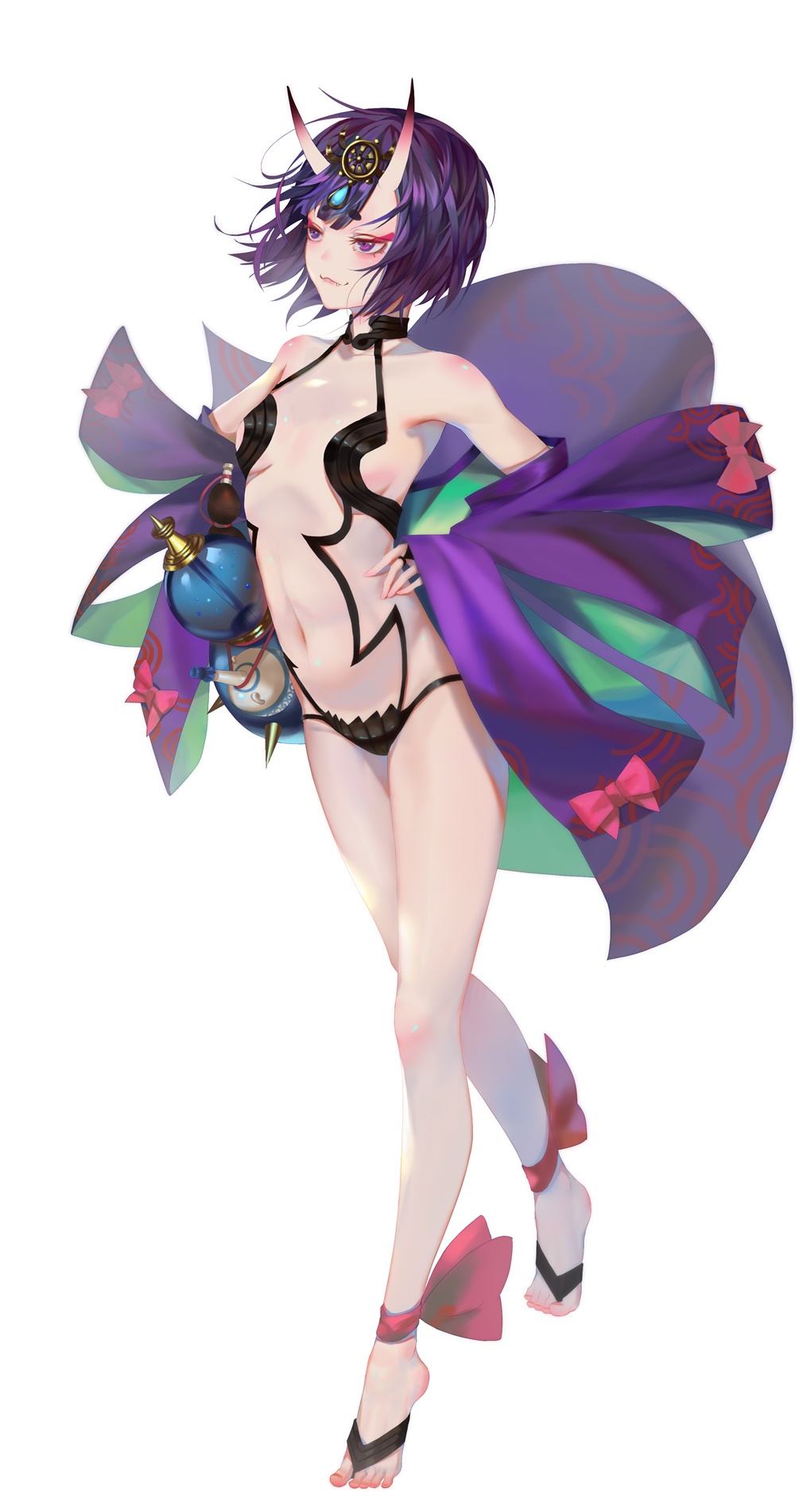 1girl breasts eyebrows_visible_through_hair fang fate/grand_order fate_(series) full_body highres horns looking_away meijin93 navel purple_hair short_hair shuten_douji_(fate/grand_order) small_breasts smile solo violet_eyes