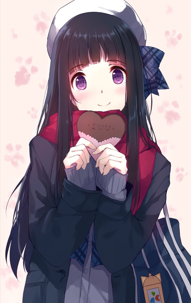 1girl bag bag_charm bangs black_hair black_jacket blue_bow blush bow caidychen closed_mouth coat confession diagonal_stripes eyebrows_visible_through_hair gift hair_bow hat holding holding_gift jacket long_hair long_sleeves looking_at_viewer pink_scarf pov scarf school_bag shoulder_bag sleeves_past_wrists smile solo striped striped_bow upper_body violet_eyes white_hat
