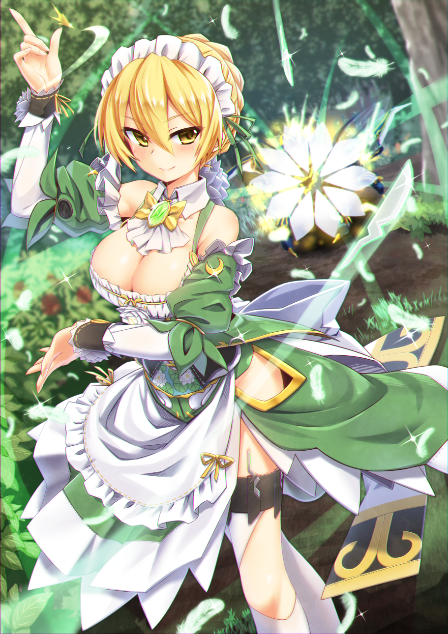 1girl apron blonde_hair braid breasts brooch cleavage cropped_legs detached_collar dress flower flower_knight_girl french_braid green_dress headdress highres jewelry large_breasts looking_at_viewer mizunashi_(second_run) nature short_hair smile solo suiren_(flower_knight_girl) thigh-highs yellow_eyes