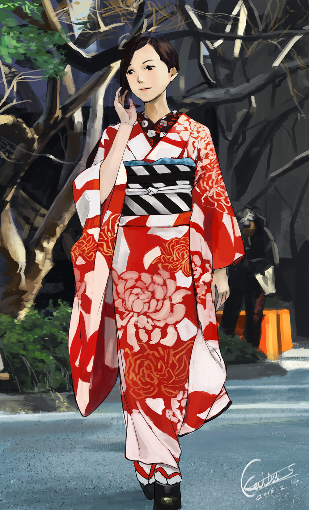 1girl black_hair blush floral_print geta highres japanese_clothes kimono long_sleeves looking_to_the_side obi original outdoors sash solo somehira_katsu tree wide_sleeves