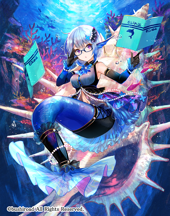 1girl blue_hair blush breasts cardfight!!_vanguard character_request company_name copyright_request eyebrows_visible_through_hair fish fuji_choko glasses large_breasts looking_at_viewer mermaid monster_girl parted_lips short_hair solo underwater violet_eyes