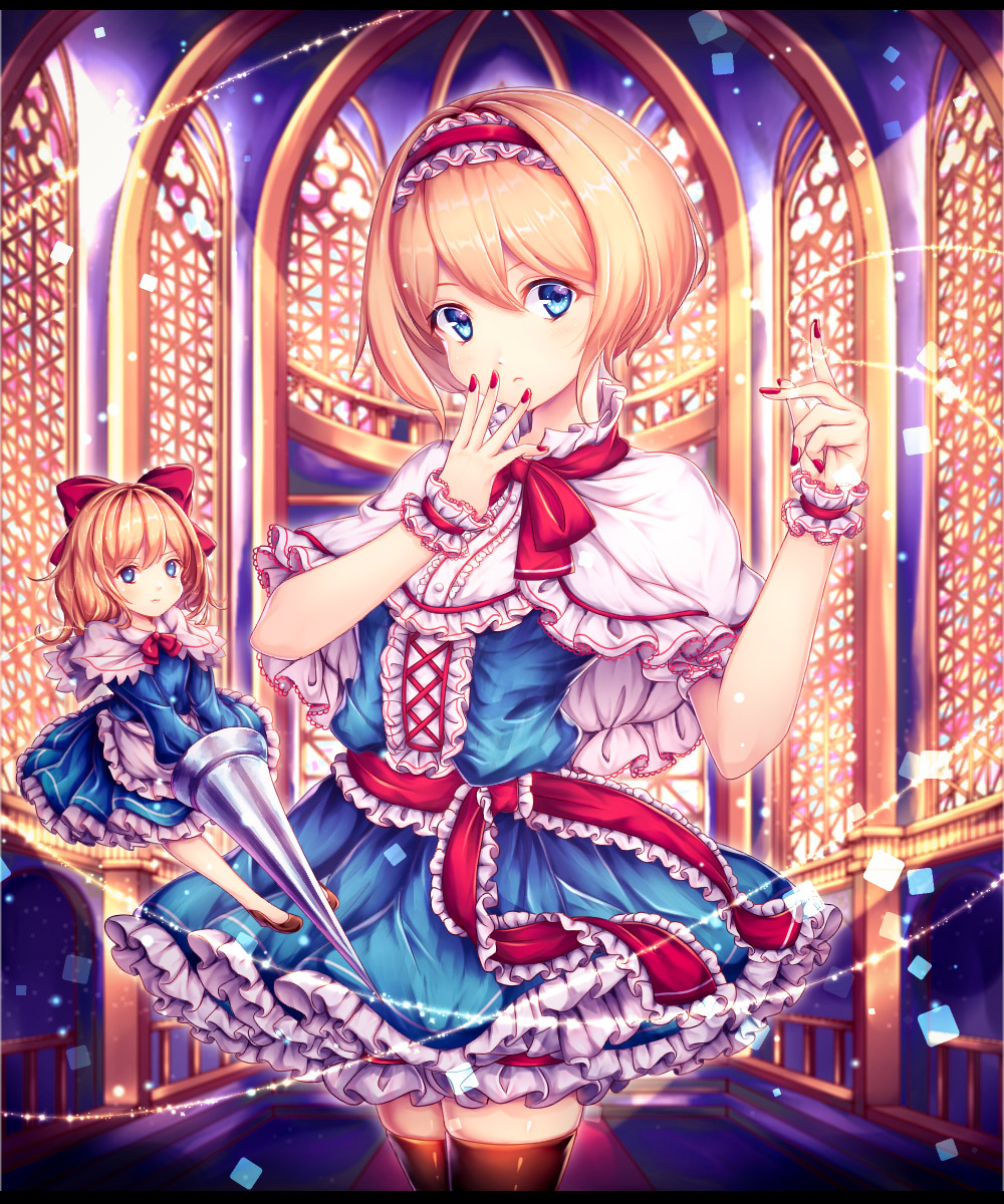 1girl alice_margatroid blonde_hair blue_dress blue_eyes brown_legwear capelet chiyu_(kumataro0x0) church commentary_request dress flying frilled_skirt frills frown hair_ribbon hairband hand_on_own_face high_heels highres indoors lance light_particles lolita_hairband looking_at_viewer nail_polish polearm puppet_strings red_nails red_ribbon ribbon sash shanghai_doll short_hair short_sleeves skirt solo stained_glass thigh-highs touhou weapon window wrist_cuffs
