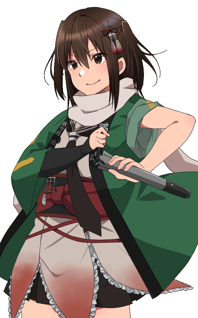10s 1girl black_neckerchief black_skirt brown_eyes brown_hair closed_mouth clothes_grab clothes_writing cowboy_shot ear_visible_through_hair elbow_gloves eyebrows_visible_through_hair frills gloves hair_between_eyes hair_ornament happi holding holding_torpedo japanese_clothes kantai_collection neckerchief obi pleated_skirt remodel_(kantai_collection) rinto_(rint_rnt) sash scarf school_uniform sendai_(kantai_collection) simple_background skirt sleeves_rolled_up smile solo torpedo two_side_up weapon white_background white_scarf