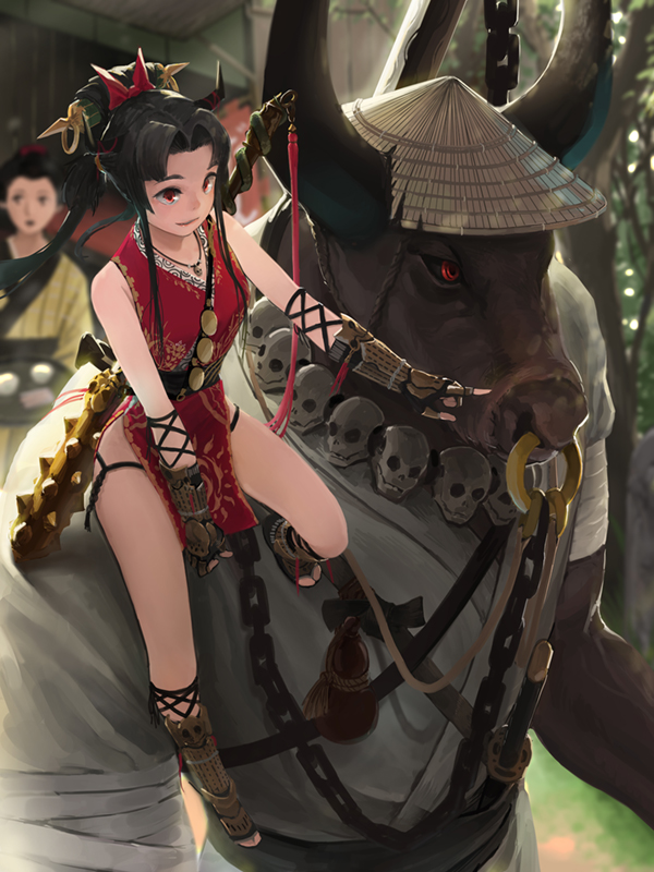 2girls black_hair bull club commentary_request fingerless_gloves horns japanese_clothes kanabou long_hair multiple_girls nose_ring oni original pointing red_eyes sitting_on_shoulder somehira_katsu toeless_legwear weapon weapon_on_back