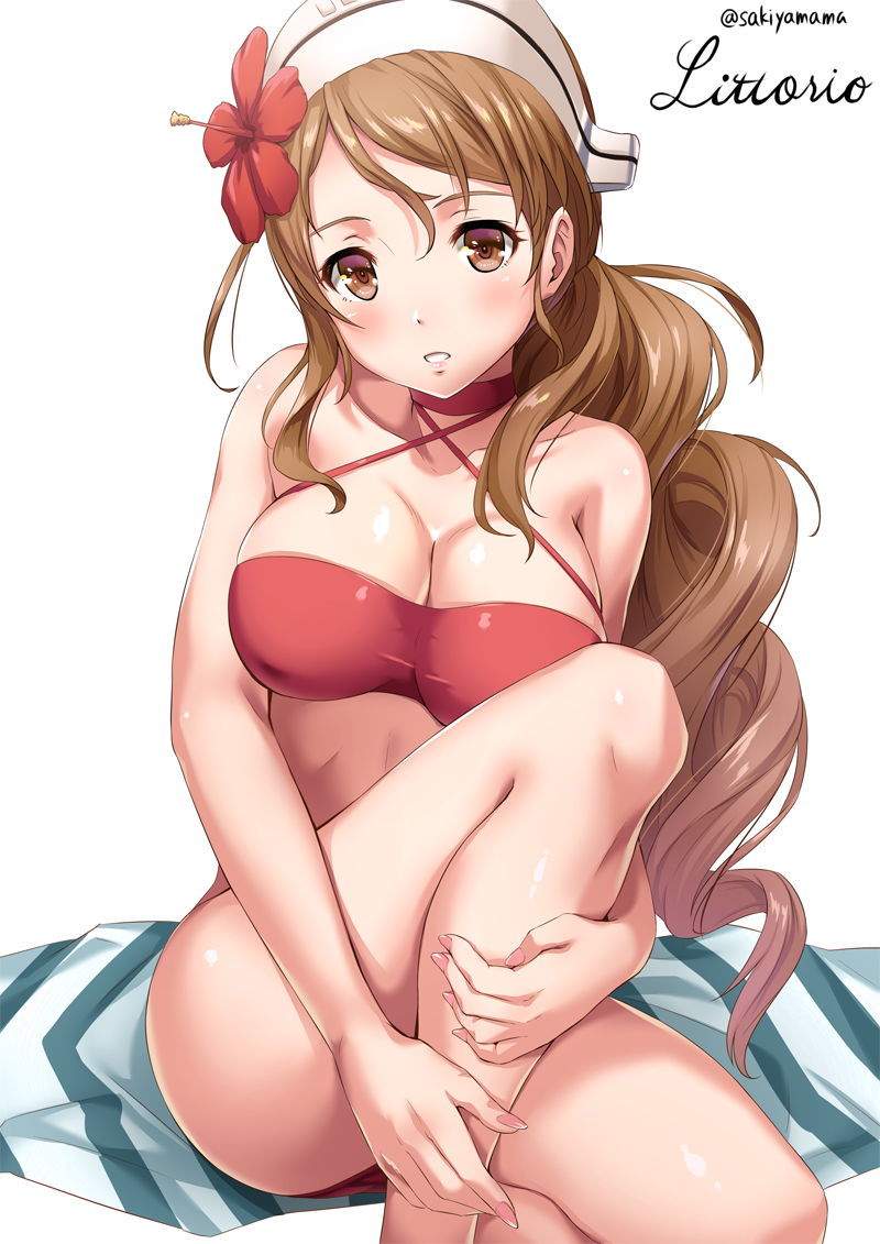 10s 1girl :o alternate_costume artist_name bare_arms bare_legs bare_shoulders bikini blush breasts brown_eyes brown_hair character_name choker collarbone criss-cross_halter cursive fingernails flower hair_flower hair_ornament halter_top halterneck hat hibiscus kantai_collection knee_up large_breasts littorio_(kantai_collection) long_hair looking_at_viewer parted_lips red_bikini sakiyamama signature simple_background solo swimsuit teeth twitter_username white_background white_hat
