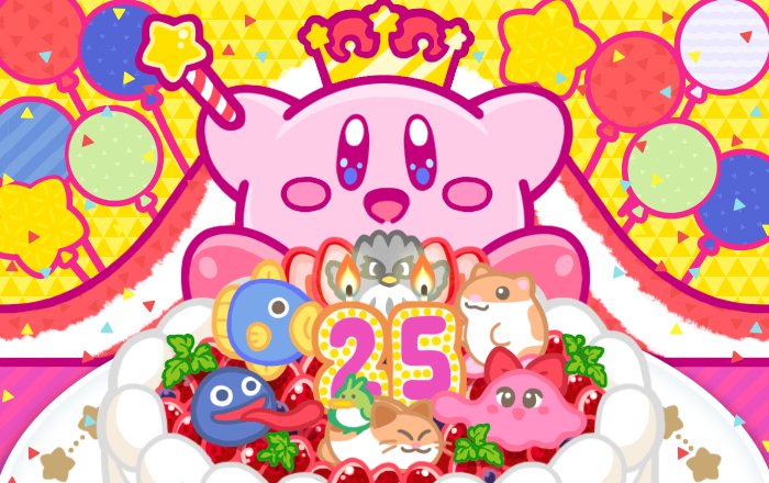 8others animal anniversary arms_up bird birthday birthday_cake blush_stickers cake candle cape cat chuchu_(kirby) coo_(kirby) crown dark_matter_(specie) fish food gooey hal_laboratory_inc. hamster hoshi_no_kirby hoshi_no_kirby_3 kine_(kirby) kirby kirby's_dream_land_3 kirby_(series) kirby_(specie) nago nintendo no_humans octopus official_art owl pitch_(kirby) plate rick_(kirby) sitting smile solo star_rod strawberry_shortcake tongue tongue_out