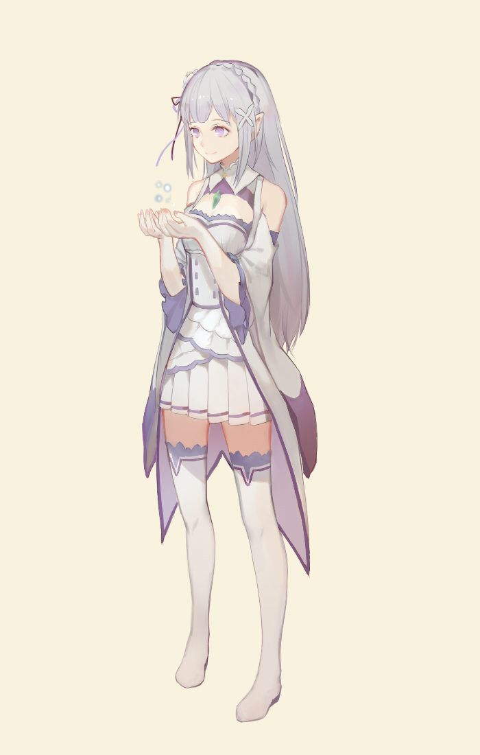 1girl bare_shoulders boots braid broken_(7589468) butterfly_hair_ornament crown_braid elf emilia_(re:zero) flower full_body gem hair_flower hair_ornament hair_ribbon hands_together long_hair pleated_skirt pointy_ears re:zero_kara_hajimeru_isekai_seikatsu ribbon silver_hair simple_background skirt smile solo thigh-highs thigh_boots thighhighs_under_boots violet_eyes white_boots wide_sleeves yellow_background zettai_ryouiki