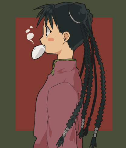 1girl black_eyes black_hair blush_stickers braid chinese_clothes dumpling food green_background long_hair looking_away lowres may_chang red_background riru solo_focus steam