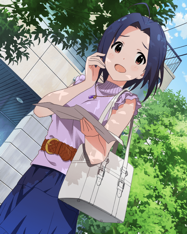 1girl ahoge artist_request bag belt blue_hair blue_sky blush breasts building day holding idolmaster idolmaster_million_live! idolmaster_million_live!_theater_days jewelry map miura_azusa necklace official_art open_mouth outdoors red_eyes short_hair skirt sky sleeveless smile solo tree