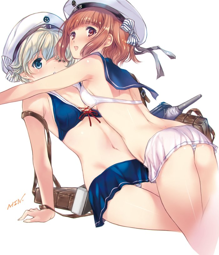 10s 2girls anchor ass bikini black_ribbon blue_bikini blue_eyes bow breasts brown_eyes brown_hair commentary_request hat hat_bow kantai_collection matching_outfit min-naraken multiple_girls navel one_eye_closed open_mouth panties ribbon sailor_bikini sailor_collar sailor_hat side-tie_bikini sidelocks simple_background small_breasts striped striped_panties swimsuit underwear white_background white_bikini white_hat z1_leberecht_maass_(kantai_collection) z3_max_schultz_(kantai_collection)