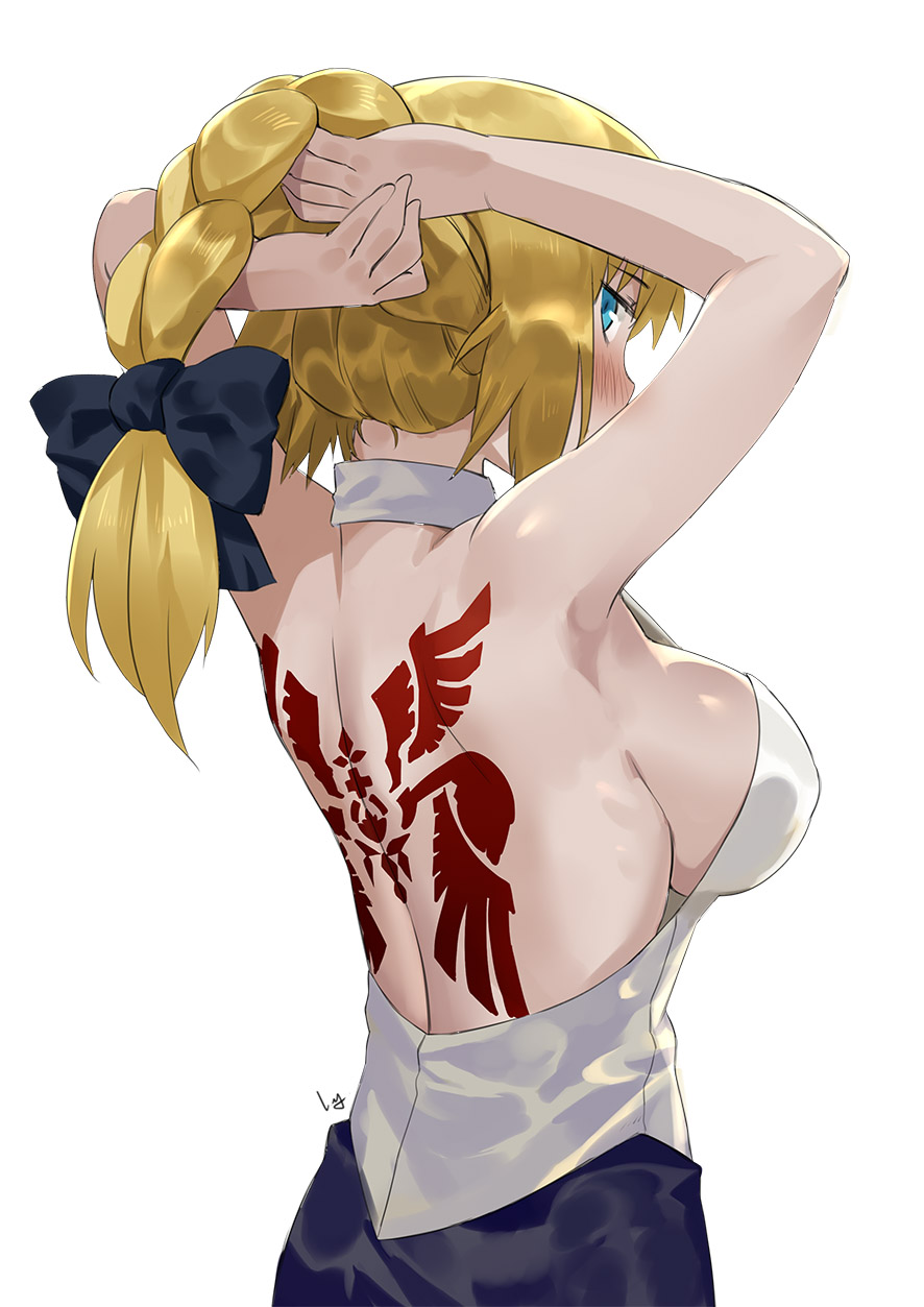 1girl adjusting_hair alternate_eye_color armpits arms_behind_head arms_up back back_tattoo bare_back bare_shoulders blonde_hair blue_eyes blush bow braid breasts command_spell fate/apocrypha fate_(series) from_behind hair_bow hair_lift halter_top halterneck highres large_breasts long_hair looking_back nanaya_(daaijianglin) ruler_(fate/apocrypha) shoulder_blades sideboob simple_background single_braid skirt solo tattoo white_background
