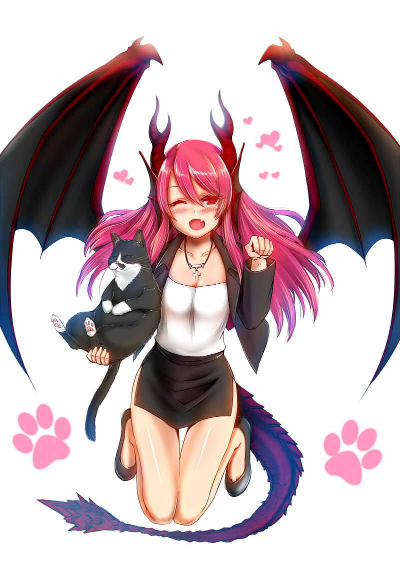 1girl ;d bent_knees black_cat black_skirt blush borrowed_character cat collarbone cross cross_necklace dragon_girl dragon_horns dragon_tail dragon_wings fang full_body hair_between_eyes head_fins heart horns jacket jewelry jumping kashiru long_hair looking_at_viewer miniskirt monster_girl necklace one_eye_closed open_clothes open_jacket open_mouth original pencil_skirt pink_hair red_eyes skirt smile solo strapless suit_jacket tail tubetop wings