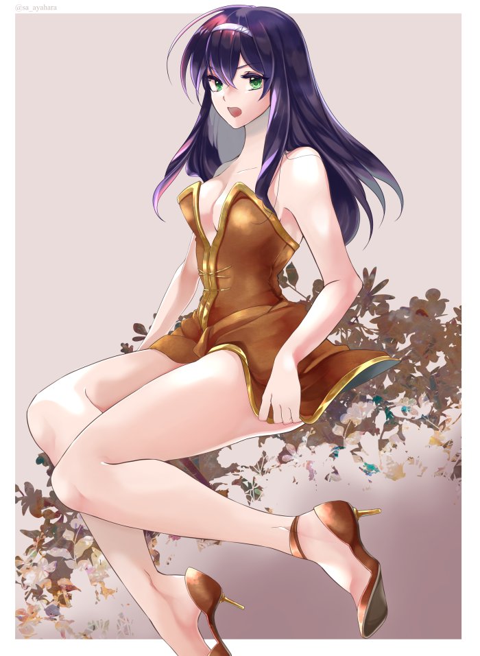 1girl bare_arms bare_legs bare_shoulders blue_hair bra cleavage_cutout cyaca_ab fire_emblem fire_emblem:_akatsuki_no_megami fire_emblem:_souen_no_kiseki green_eyes high_heels long_hair looking_at_viewer sitting underwear wayu_(fire_emblem)