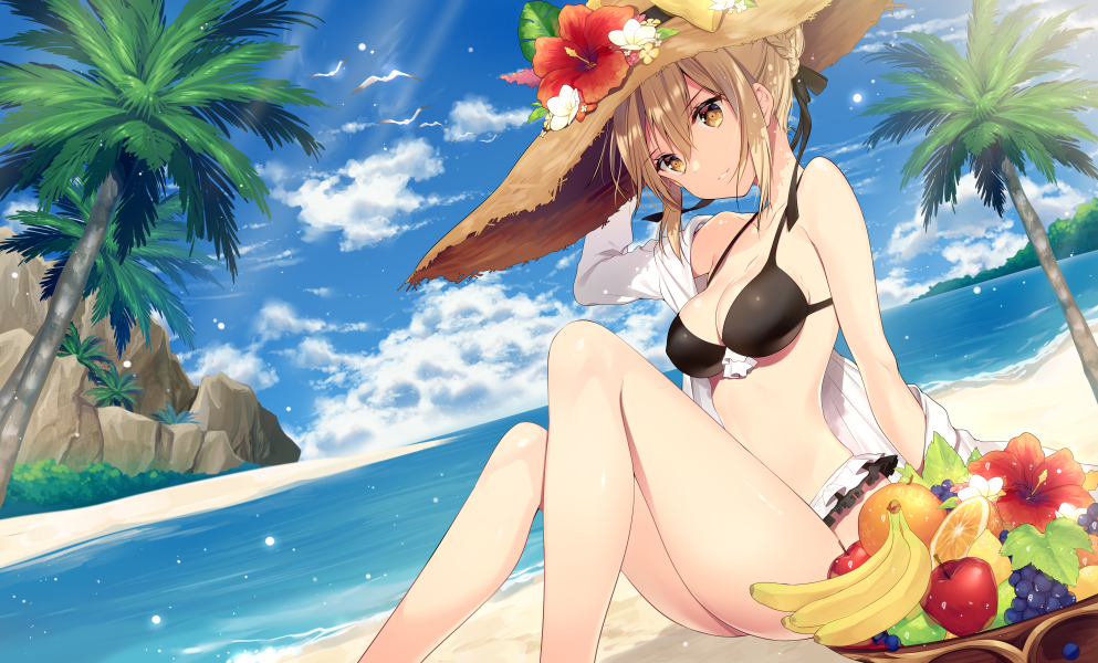 1girl apple banana bare_shoulders beach bikini bird blonde_hair braid clouds day fate/grand_order fate_(series) flower food frilled_bikini frills fruit grapes hair_ribbon hat hat_flower heroine_x heroine_x_(alter) jacket necomi_(gussan) orange palm_tree ribbon saber seagull sky solo straw_hat swimsuit tree water yellow_eyes