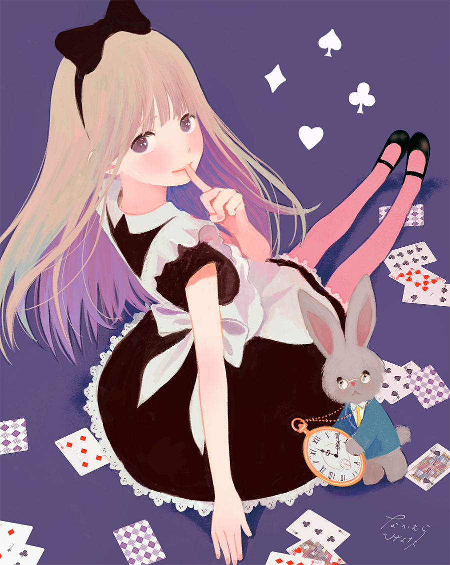 1girl alice_(wonderland) alice_in_wonderland apron back_bow black_bow black_dress black_shoes blonde_hair bow card closed_mouth clubs_(playing_card) cosplay diamonds_(playing_card) dress finger_to_mouth formal from_behind full_body glasses hair_bow hearts_(playing_card) long_hair looking_at_viewer looking_back maid mary_janes nakamura_hinata necktie on_floor pantyhose pinafore_dress pink_legwear playing_card pocket_watch purple_background rabbit shoes signature simple_background sitting solo spades_(playing_card) suit watch white_apron white_bow white_rabbit white_rabbit_(cosplay) yellow_necktie