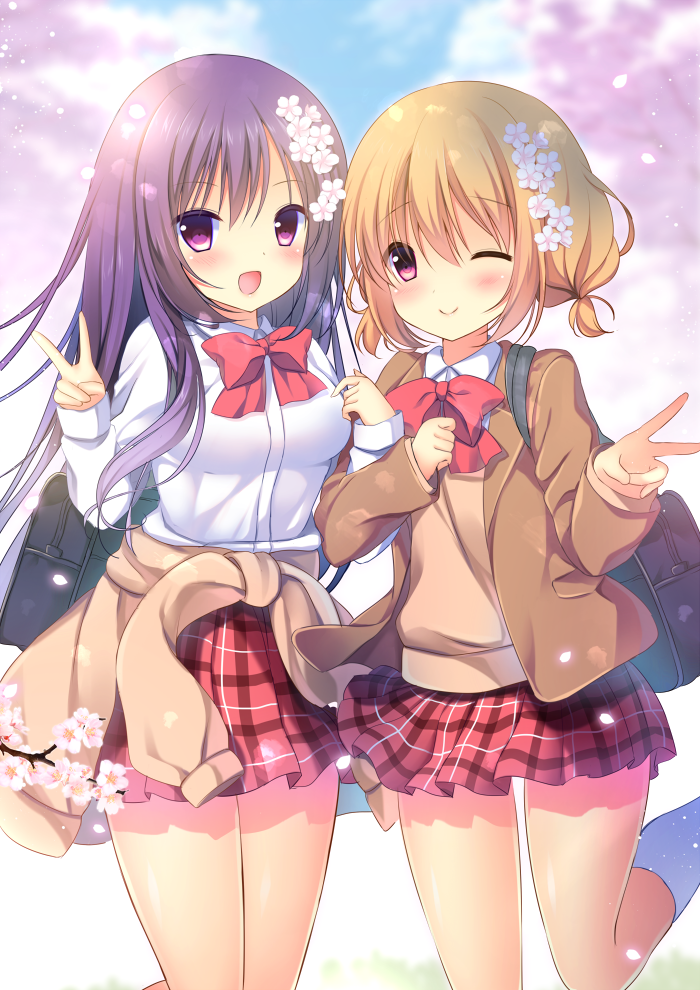 2girls :d ;) alternate_costume alternate_hairstyle bangs beige_sweater blue_sky blush bow bowtie breasts cherry_blossoms closed_mouth clothes_around_waist collared_shirt commentary_request cowboy_shot day eyebrows_visible_through_hair flower gochuumon_wa_usagi_desu_ka? hair_between_eyes hair_down hair_flower hair_ornament hoto_cocoa kneehighs locked_arms long_hair looking_at_viewer medium_breasts miniskirt multiple_girls one_eye_closed open_mouth outdoors plaid plaid_skirt red_bow red_bowtie red_skirt school_uniform shibainu_niki shirt short_hair sidelocks skirt sky small_breasts smile standing standing_on_one_leg tedeza_rize tree v violet_eyes white_legwear white_shirt wing_collar