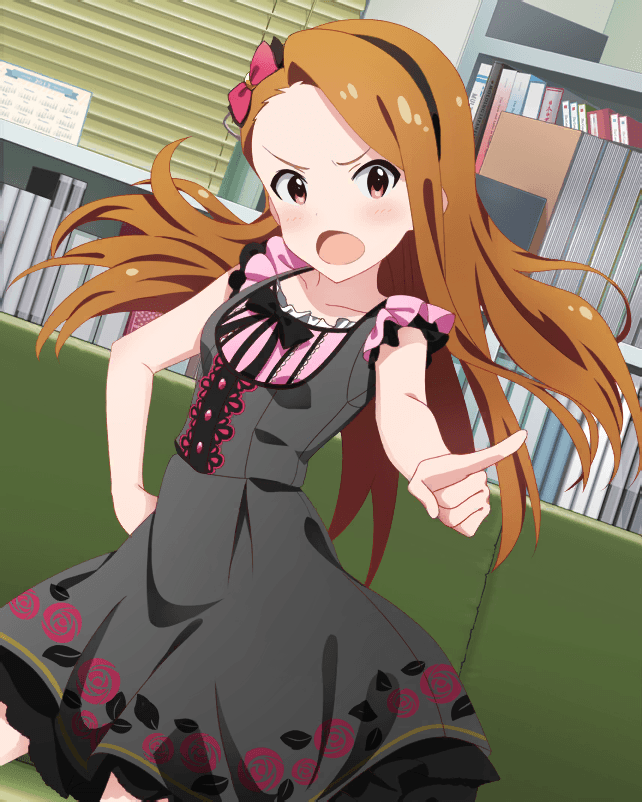 &gt;:o 1girl :o angry artist_request bare_shoulders black_dress blush book bow breasts brown_eyes brown_hair collarbone couch dress floral_print hair_bow hairband hand_on_hip idolmaster idolmaster_million_live! idolmaster_million_live!_theater_days long_hair looking_at_viewer minase_iori office official_art pointing pointing_at_viewer rose_print small_breasts solo