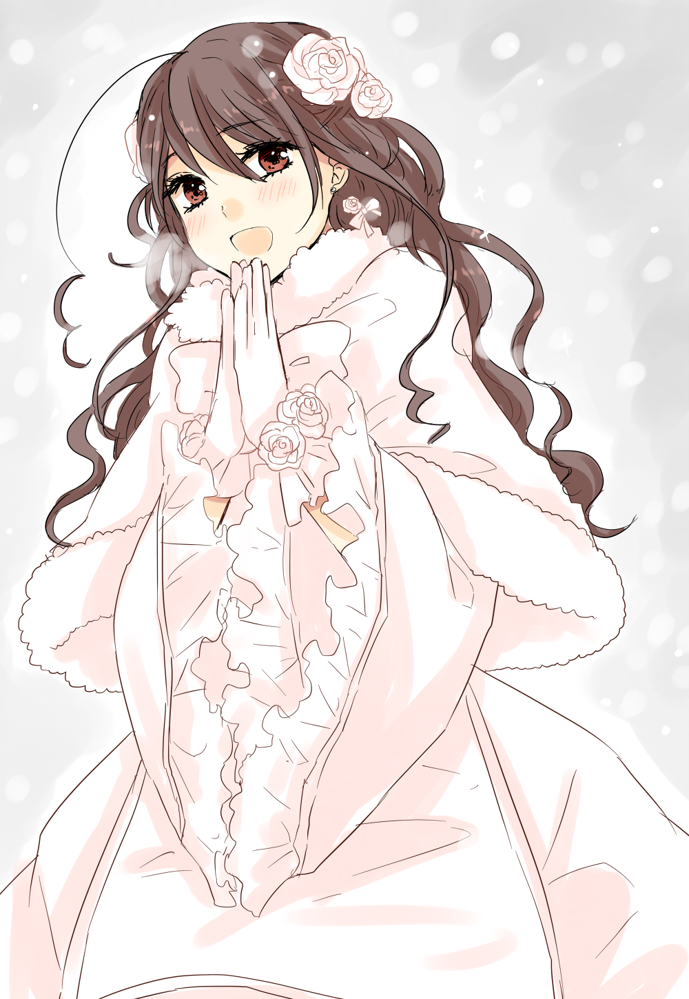 1girl :d ahoge alternate_costume axis_powers_hetalia brown_hair dress flower gloves hair_flower hair_ornament highres long_hair open_mouth red_eyes shouyu_no_otomo smile solo taiwan_(hetalia) wavy_hair white_dress white_gloves