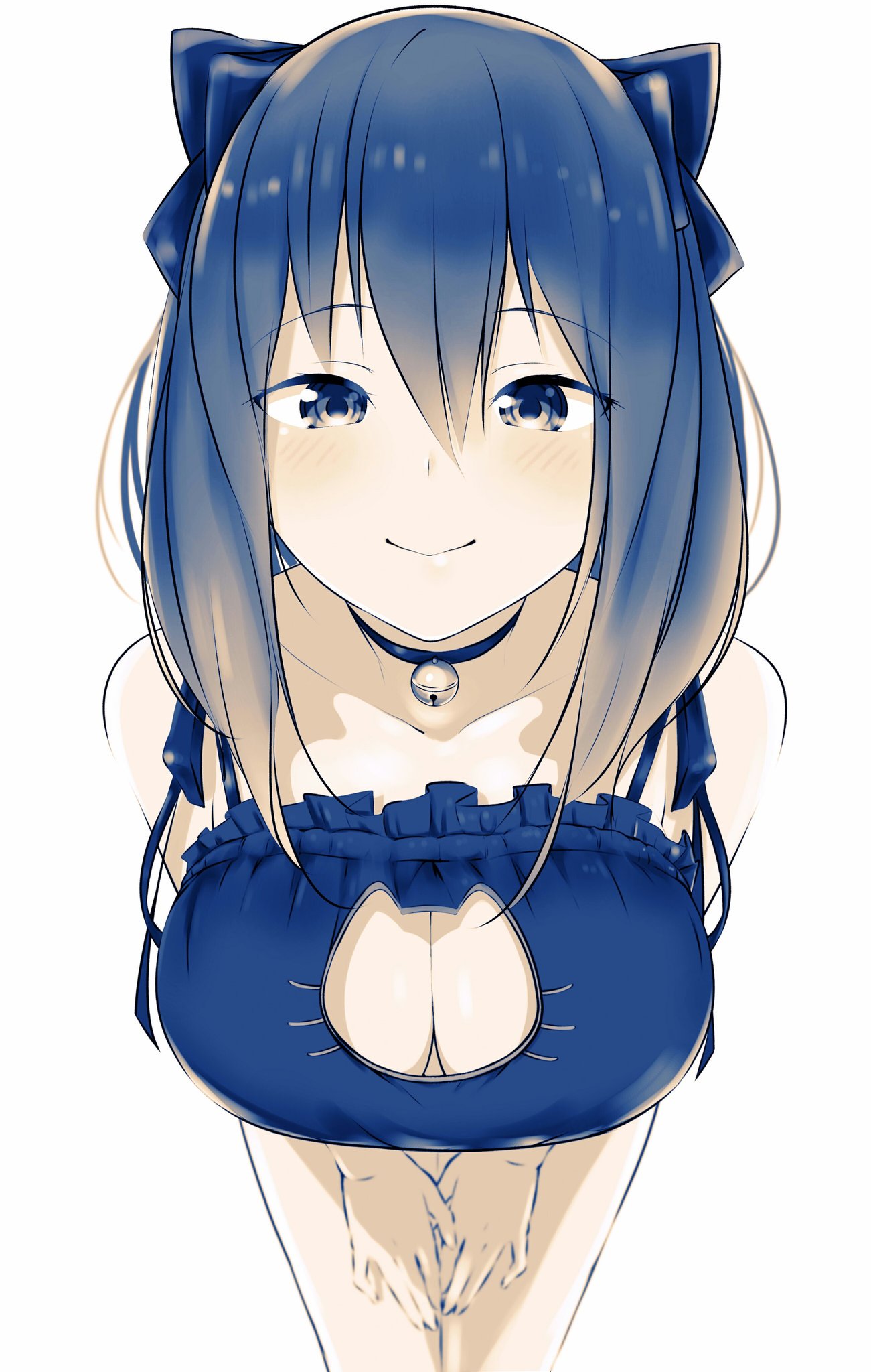 1girl bare_shoulders bell bell_choker blue_bra blue_eyes blue_hair blush bow bra breasts cat_cutout cat_lingerie choker cleavage cleavage_cutout collarbone commentary_request cowboy_shot foreshortening frilled_bra frills hair_between_eyes hair_bow highres jingle_bell large_breasts leaning_forward long_hair looking_at_viewer meme_attire original smile solo tatsu_shinomu underwear underwear_only