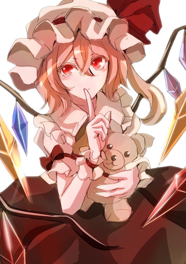 1girl ascot blonde_hair crystal doll_hug flandre_scarlet frilled_shirt_collar frilled_sleeves frills hair_between_eyes hat hat_ribbon index_finger_raised jan_(lightdragoon) looking_at_viewer mob_cap puffy_short_sleeves puffy_sleeves red_eyes red_ribbon red_skirt red_vest ribbon shirt short_sleeves side_ponytail skirt skirt_set smile solo stuffed_animal stuffed_toy teddy_bear touhou vest white_shirt wings wrist_cuffs
