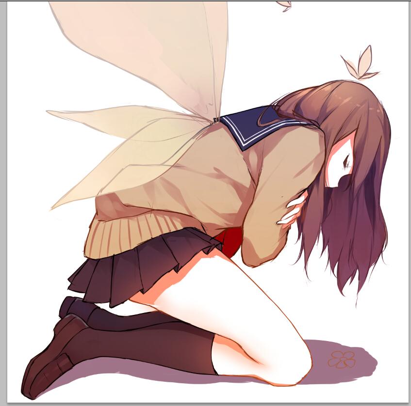 1girl beige_sweater beige_wings black_legwear black_skirt blue_sailor_collar brown_hair brown_shoes butterfly butterfly_wings caidychen closed_eyes commentary_request fetal_position from_behind kneehighs kneeling loafers long_hair original pleated_skirt profile sailor_collar school_uniform self_hug shoes simple_background skirt solo sweater white_background wings