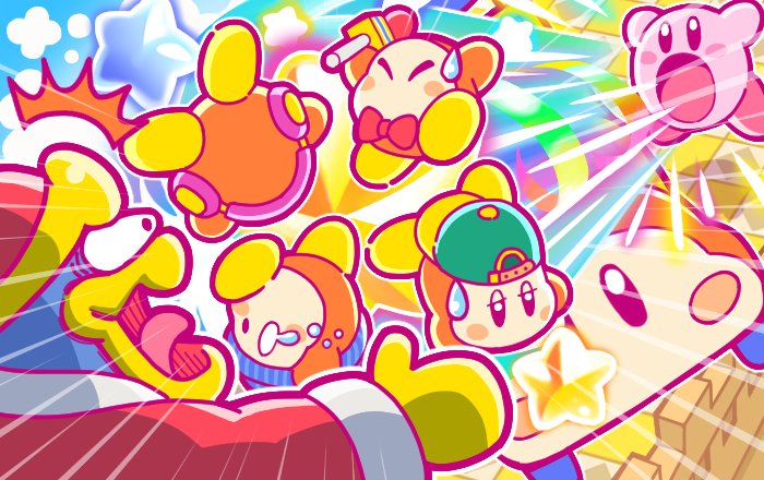 1boy backwards_hat baseball_cap beanie bird blush_stickers boom_microphone bow bowtie car closed_eyes ground_vehicle hat jitome king_dedede kirby kirby's_blowout_blast kirby_(series) microphone motor_vehicle nintendo no_humans official_art open_mouth penguin robe spitting star surprised sweatdrop tears tongue tongue_out waddle_dee