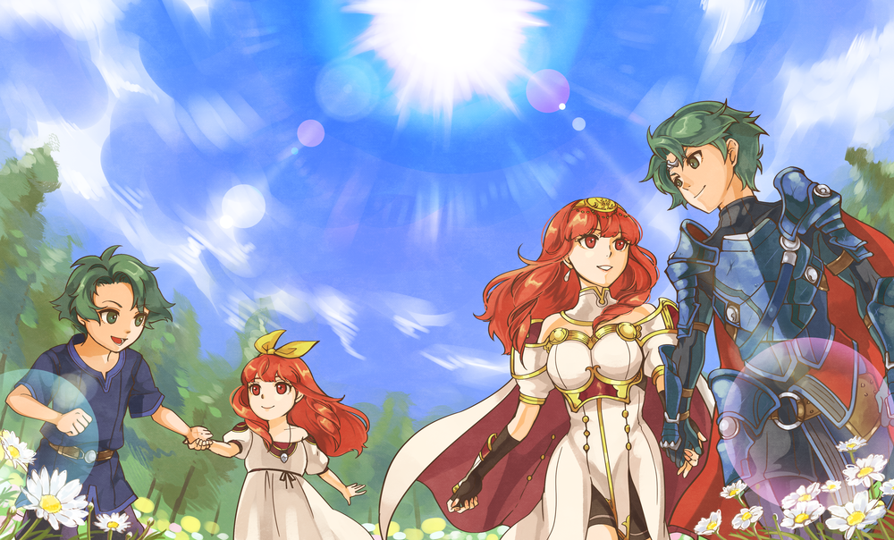 2boys 2girls alm_(fire_emblem) armor blue_sky bow breastplate cape celica_(fire_emblem) child dress field fire_emblem fire_emblem_echoes:_mou_hitori_no_eiyuuou fire_emblem_gaiden floral_background flower flower_field green_hair hachimaru_(ediciusa) hair_bow hand_holding holding multiple_boys multiple_girls outdoors pauldrons redhead running sky smile sun