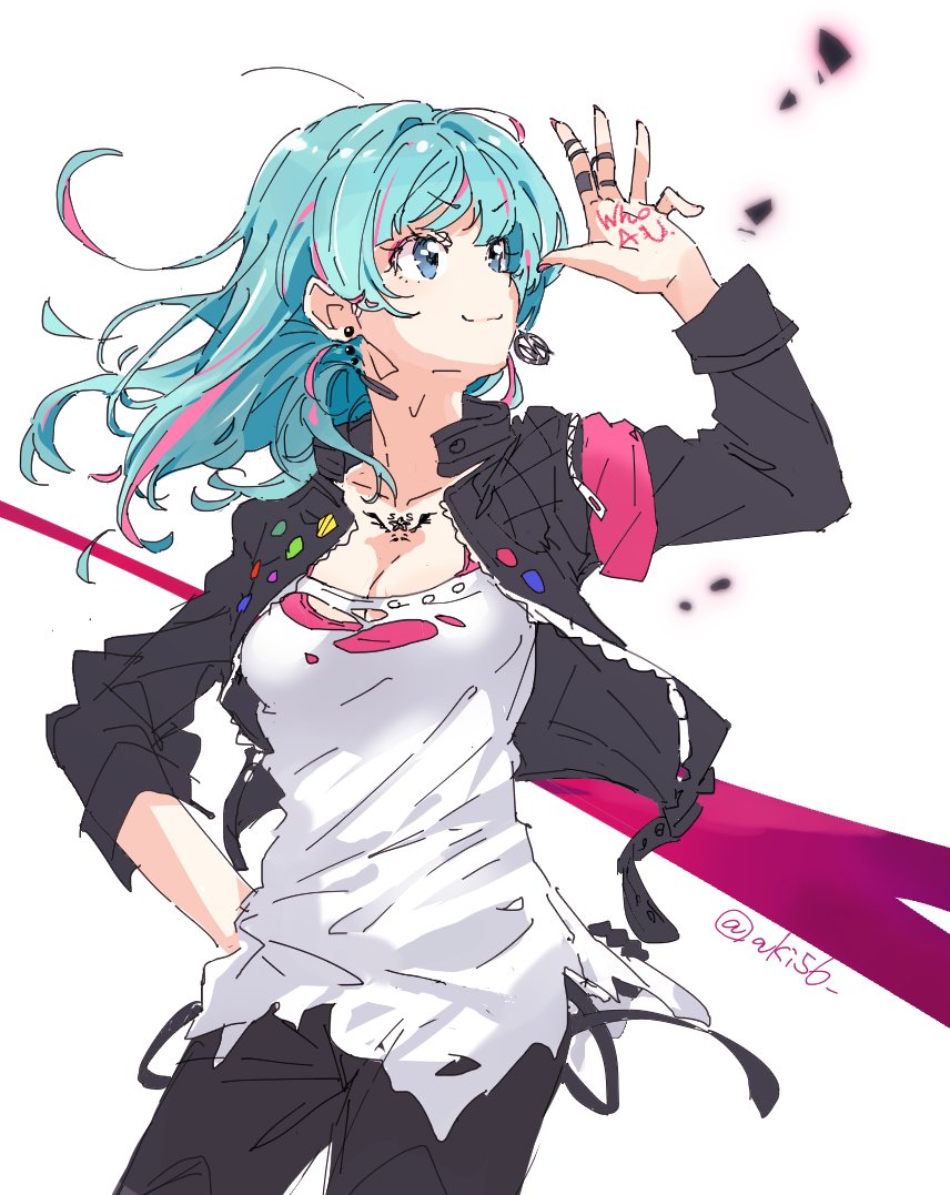 1girl akiho_(quinrose) aqua_eyes aqua_hair breasts cleavage collarbone earrings engrish jacket jewelry multicolored_hair nanasaki_nicole pink_hair ranguage shirt solo tattoo tokyo_7th_sisters torn_clothes torn_shirt two-tone_hair writing_on_hand