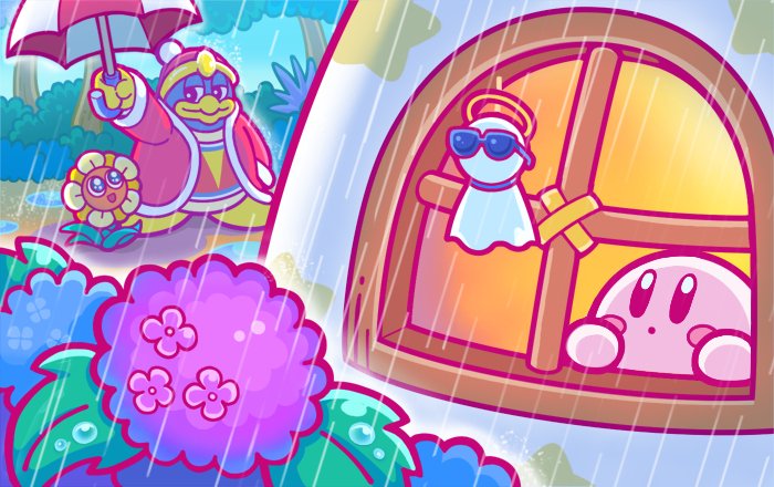 1boy bird blush_stickers cool_spook flower hat hydrangea king_dedede kirby kirby_(series) looking_at_another looking_up lovely_(kirby) nintendo no_humans official_art penguin rain robe sunglasses teruterubouzu umbrella