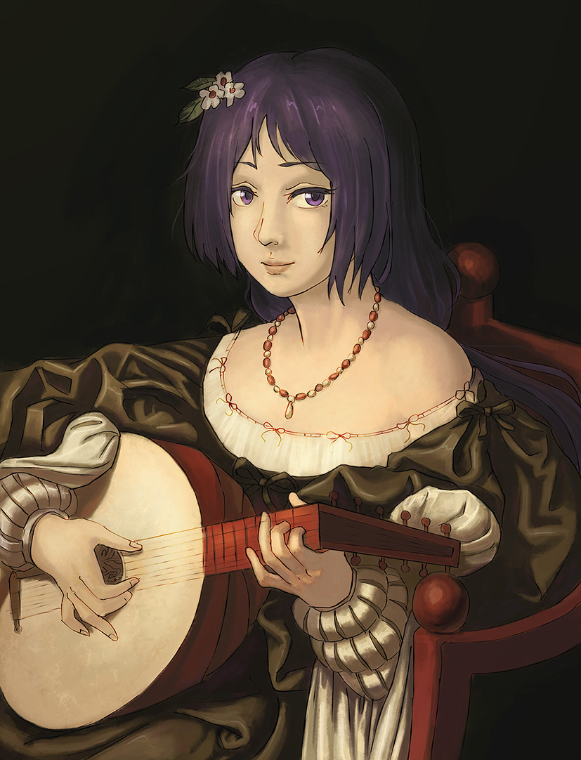 1girl alternate_costume amibazh bare_shoulders black_background chair commentary fine_art_parody fingernails flower hair_flower hair_ornament instrument jewelry juliet_sleeves light_smile lips long_hair long_sleeves looking_at_viewer low-tied_long_hair lute_(instrument) necklace nose parody puffy_sleeves purple_hair renaissance renaissance_clothes sitting solo touhou tsukumo_benben violet_eyes