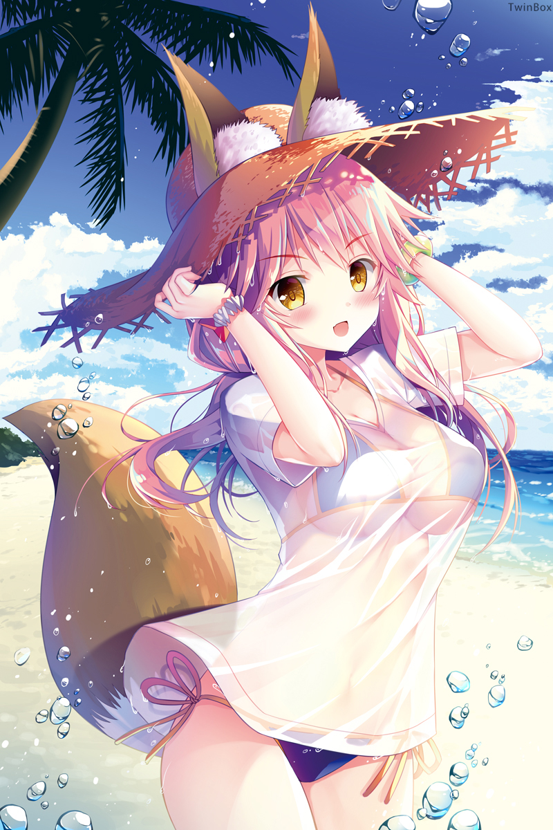 1girl animal_ears bad_id bad_pixiv_id bangs beach bikini blue_bikini blue_sky blush bracelet breasts cleavage clouds commentary_request ears_through_headwear fate/extra fate/grand_order fate_(series) fox_ears fox_tail hat highres jewelry large_breasts long_hair looking_at_viewer navel ocean open_mouth outdoors palm_tree pink_background pink_hair see-through shirt side-tie_bikini simple_background sky smile solo sousouman straw_hat sun_hat swimsuit tail tamamo_(fate)_(all) tamamo_no_mae_(swimsuit_lancer)_(fate) tree water water_drop wet wet_clothes yellow_eyes