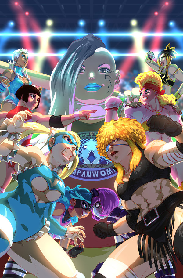 6+girls alternate_costume black_hair blonde_hair blue_hair breasts capcom jeffrey_cruz leotard multiple_girls purple_hair rainbow_mika street_fighter street_fighter_v twintails udon under_boob wrestling_outfit yamato_nadeshiko_(street_fighter)