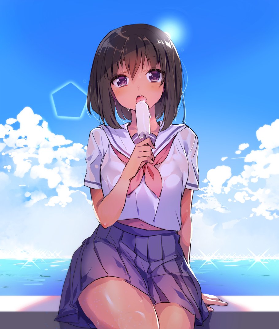 1girl arm_at_side backlighting blue_skirt blue_sky brown_hair clouds collarbone commentary_request cowboy_shot dark_skin day eyebrows eyebrows_visible_through_hair food holding holding_food horizon hot ice_cream konbu_wakame lens_flare looking_at_viewer melting midriff navel neckerchief ocean open_mouth original outdoors pentagon pleated_skirt popsicle revision school_uniform see-through serafuku sitting skirt sky solo summer sun sweat sweat_stain tan tareme thighs violet_eyes water wet wet_clothes