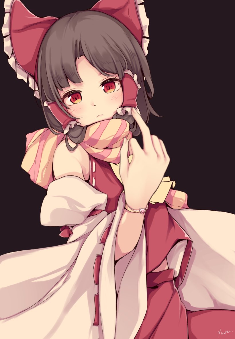1girl ascot bare_shoulders black_hair blush bow cowboy_shot detached_sleeves hair_bow hair_tubes hakurei_reimu long_hair long_sleeves looking_at_viewer maremay0513 middle_finger nontraditional_miko red_bow red_eyes red_shirt red_skirt ribbon-trimmed_sleeves ribbon_trim scarf shirt skirt skirt_set sleeveless sleeveless_shirt solo striped striped_scarf touhou wide_sleeves