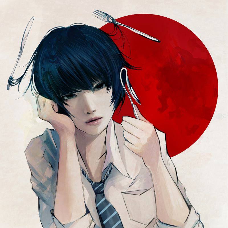 1girl bent_spoon black_eyes black_hair collared_shirt commentary_request dress_shirt expressionless floating fork head_tilt knife lips long_sleeves looking_at_viewer moon original parted_lips pocket red_moon shirt shirt_pocket short_hair silverware simple_background sleeves_rolled_up solo spoon wataboku white_background white_shirt wing_collar