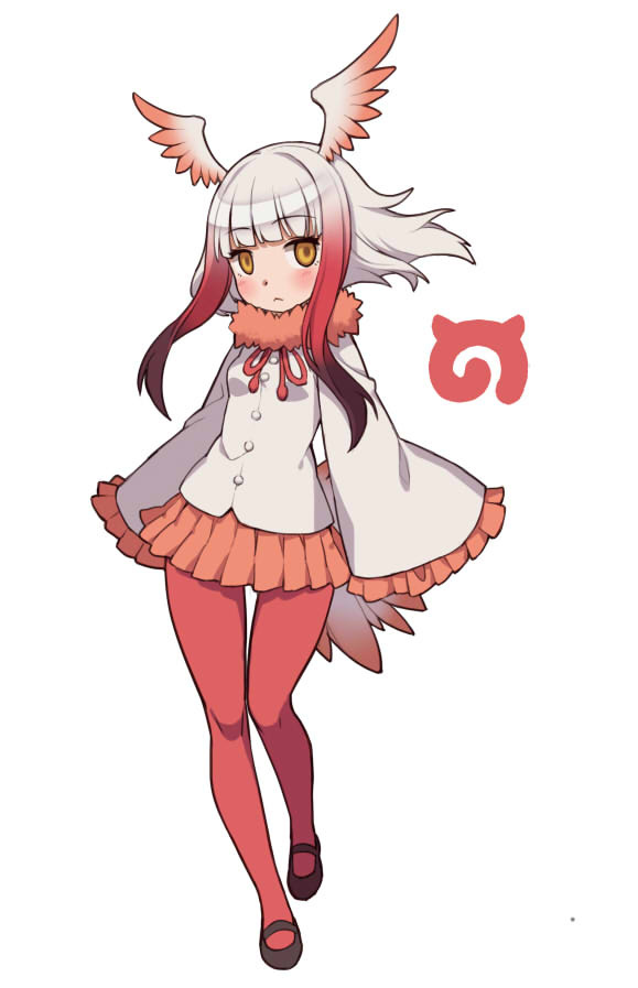 1girl bangs blunt_bangs breasts empty_eyes eyebrows_visible_through_hair full_body head_wings japanese_crested_ibis_(kemono_friends) kemono_friends kugi_ta_hori_taira looking_at_viewer mary_janes multicolored_hair pantyhose pleated_skirt red_legwear redhead shoes sidelocks simple_background skirt sleeves_past_wrists small_breasts solo standing standing_on_one_leg two-tone_hair white_background white_hair wide_sleeves