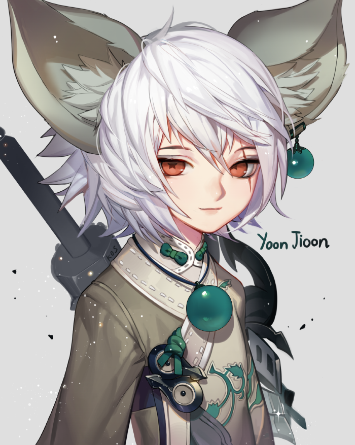 1boy animal_ears artist_name bangs bead blade_&amp;_soul bow brown_eyes brown_shirt closed_mouth green_bow grey_background korean_clothes long_sleeves lyn_(blade_&amp;_soul) male_focus scabbard scar scar_across_eye sheath sheathed shirt short_sleeves simple_background smile songjikyo star star-shaped_pupils sword symbol-shaped_pupils upper_body weapon weapon_on_back white_hair