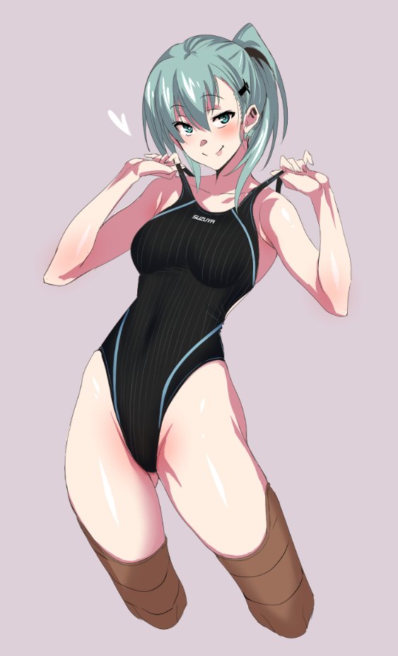10s 1girl alternate_hairstyle aqua_eyes aqua_hair black_swimsuit brown_legwear company_connection competition_swimsuit cowboy_shot gluteal_fold grey_background hair_ornament hairclip highleg highleg_swimsuit kantai_collection long_hair looking_at_viewer one-piece_swimsuit ponytail simple_background smile solo suzuya_(kantai_collection) swimsuit swimsuit_pull thigh-highs ulrich_(tagaragakuin)