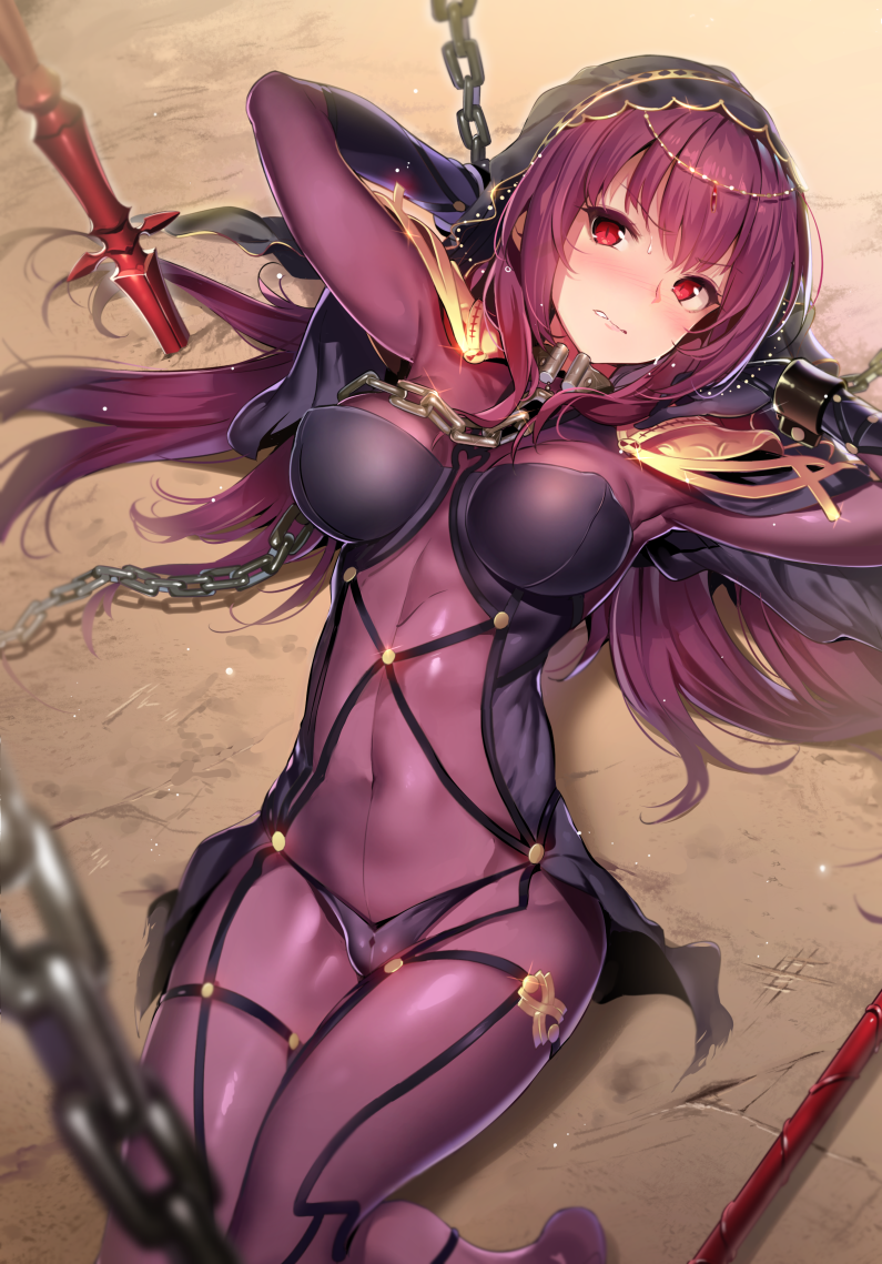 armpits arms_up blurry blush bodysuit breasts chains circlet covered_navel cuffs depth_of_field erect_nipples eyebrows_visible_through_hair fate/grand_order fate_(series) gae_bolg glint large_breasts long_hair lying on_back pauldrons polearm purple_hair red_eyes restrained scathach_(fate/grand_order) shackles spear sweat veil weapon yuran_(cozyquilt)