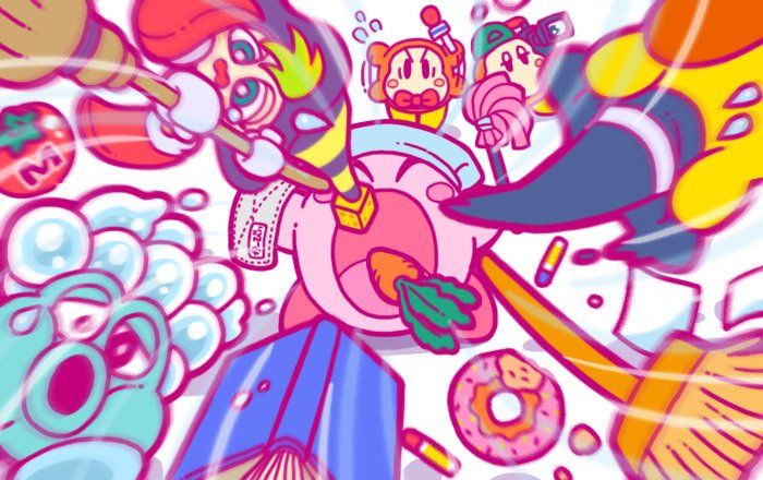 1girl bandanna blush_stickers bow bowtie broom broom_hatter bubble_head_(kirby) camera carrot closed_eyes crayon doughnut dustcloth flying_sweatdrops food green_hair gryll_(kirby) hat inhaling jitome kirby kirby_(series) maxim_tomato microphone official_art simple_background waddle_dee white_background witch_hat