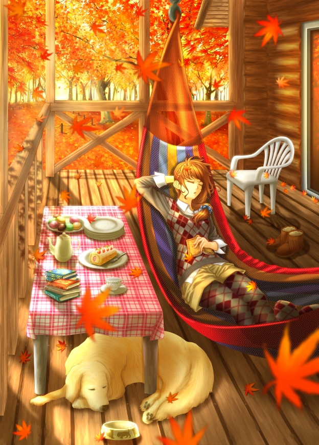 1girl animal ash_(bgash0207) book book_stack bowl brown_hair chair closed_eyes cup dog facing_away food fork hammock holding holding_book kettle leaf lying on_back open_book original pantyhose pet_bowl plate porch short_hair solo table teacup tree