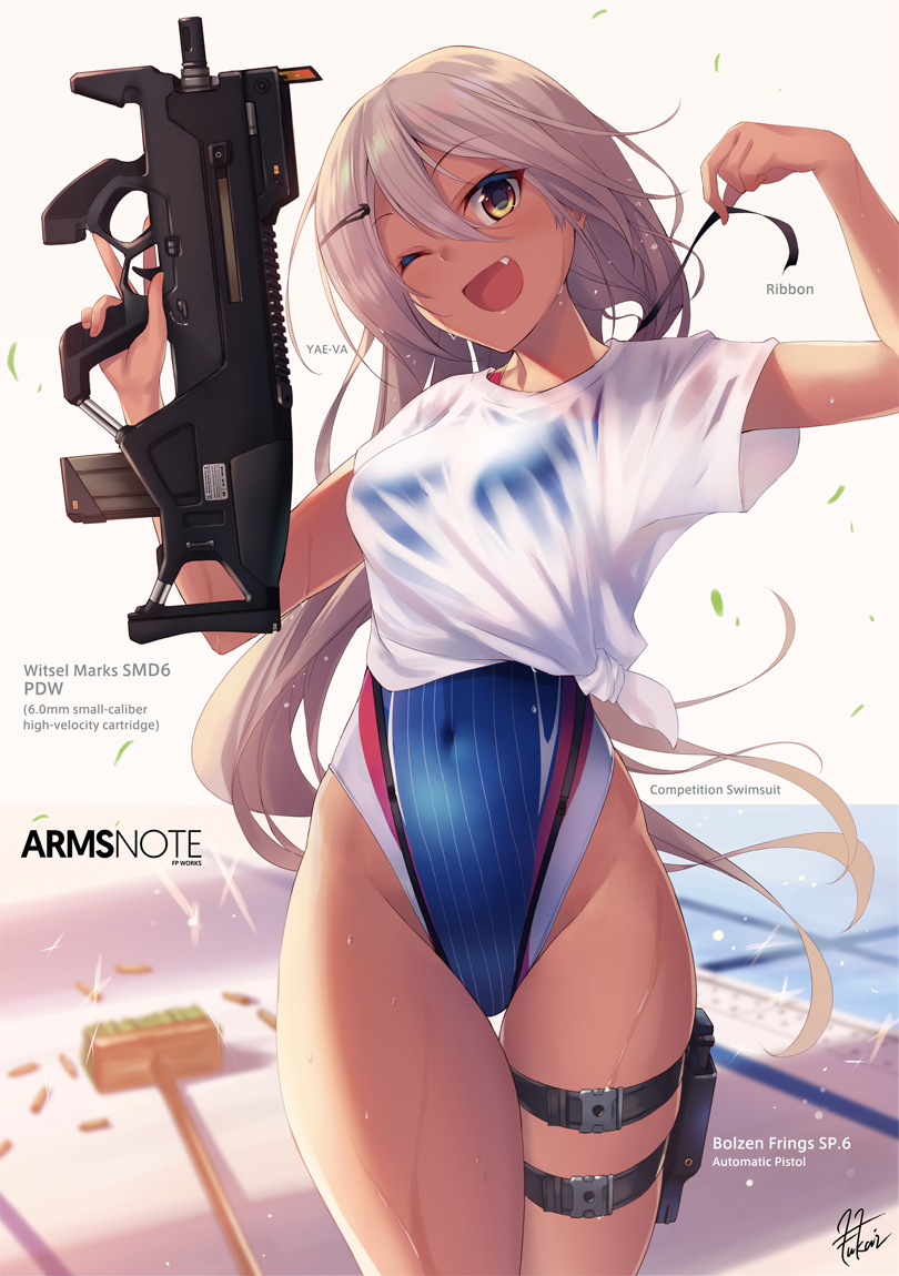 1girl ;d blurry breasts brown_eyes competition_swimsuit covered_navel depth_of_field fang fukai_ryousuke grey_hair gun hair_ornament hair_ribbon hairclip highleg highleg_swimsuit holster long_hair looking_at_viewer one-piece_swimsuit one_eye_closed open_mouth original ribbon see-through shirt small_breasts smile solo swimsuit swimsuit_under_clothes thigh_gap thigh_holster thigh_strap tied_shirt trigger_discipline untying very_long_hair weapon wet