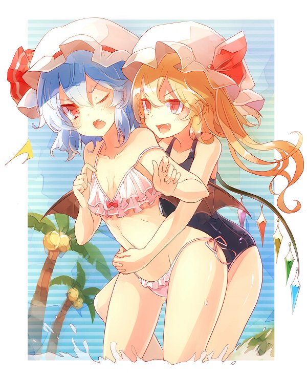 2girls 60mai bat_wings bikini blonde_hair blue_hair breasts collarbone commentary_request fang flandre_scarlet hat hat_ribbon hug hug_from_behind long_hair mob_cap multiple_girls one-piece_swimsuit one_eye_closed palm_tree pink_bikini red_eyes red_ribbon remilia_scarlet ribbon school_swimsuit siblings side-tie_bikini sisters small_breasts swimsuit touhou tree wavy_mouth wings